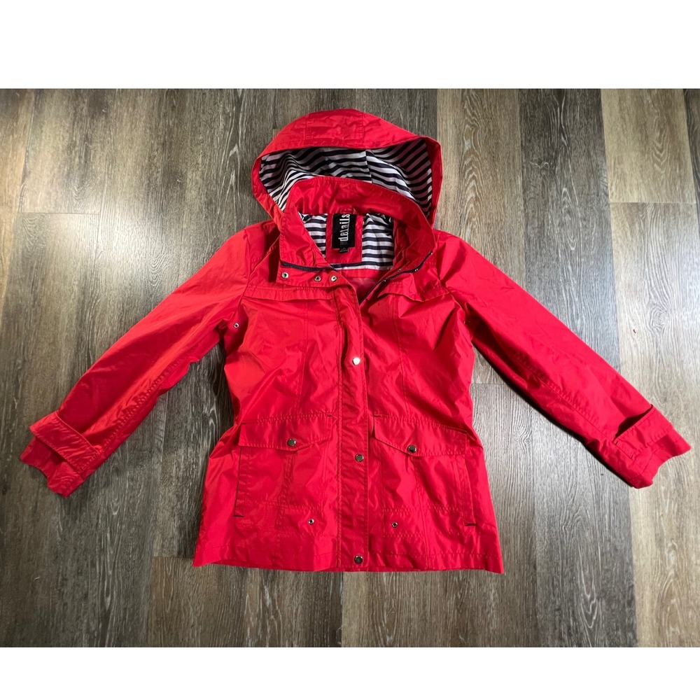 Details Intl Rain Jacket Womens Medium Red Striped Lining Hooded Utility Coat